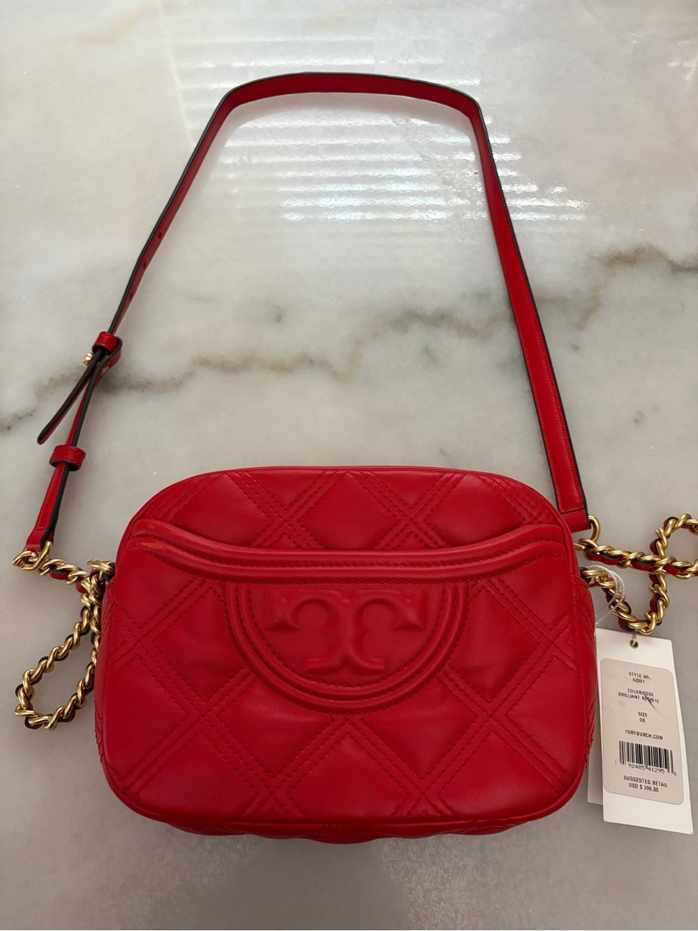 Tory Burch Red Quilted Logo Crossbody with Gold Chain